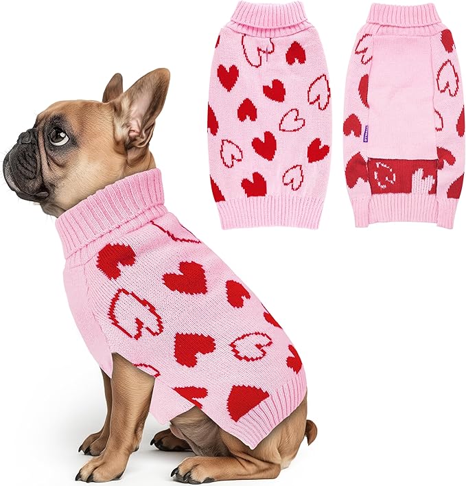 cyeollo Dog Sweater Pullover Turtleneck Heart Pattern Holiday Theme Dog Clothes with Leash Hole Female Pet Apparel for Small Dogs Pink