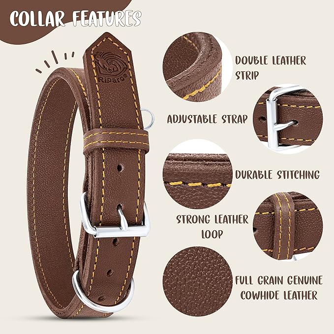 Riparo Dog Collar - Genuine Leather Dog Collars - Heavy Duty Dog Collars for Medium Large and Extra Large Dog Breeds (M: 1” Wide for 14” - 18” Neck, Brown)