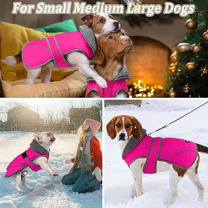 Dogcheer Dog Coat, Waterproof Dog Jacket Reflective Pet Winter Coat with Adjustable Hook & Loop, Christmas Puppy Fleece Jacket Warm Turtleneck Snowsuit for Small Medium Large Dogs - Pink, 2XL