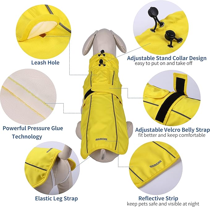 Waterproof Dog Raincoat with Reflective Strip, Adjustable Breathable Rain Coat Jacket with Leash Hole for Dogs (Yellow, Medium)