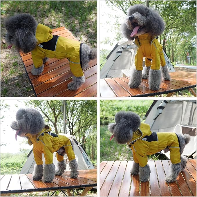 LOVELONGLONG Waterproof Dog Raincoat with Removable Hood – Outdoor Full Body Dog Jacket, Windproof Snowproof Shell Suit – All Season Pet Rain Gear Mustard Yellow 4XL
