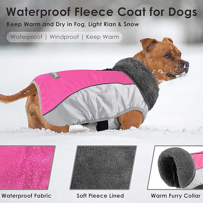 Dog Coat, Waterproof Ripstop Dog Winter Jacket with Leash Hole, Reflective Adjustable Warm Pet Fleece Snow Sweater for Small Medium Large Dogs - Pink, 3XL