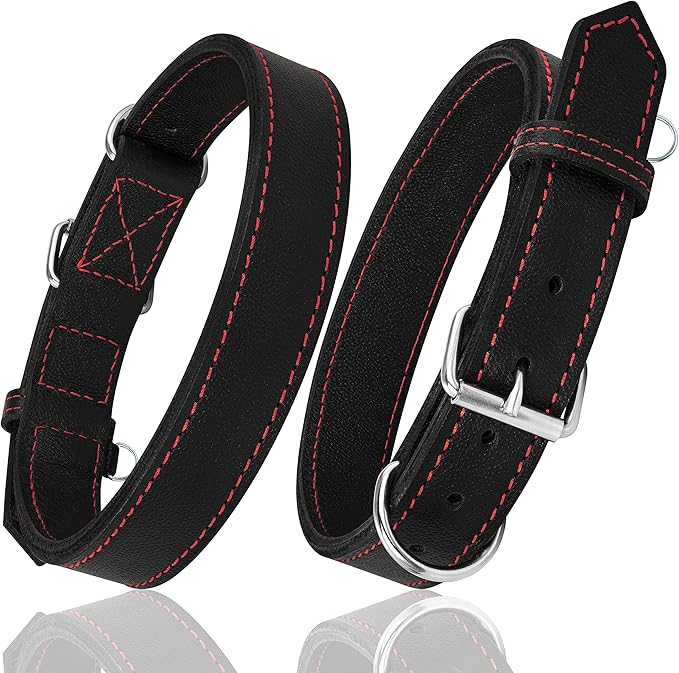 Riparo Dog Collar - Genuine Leather Dog Collars - Heavy Duty Dog Collars for Medium Large and Extra Large Dog Breeds (M: 1” Wide for 14” - 18” Neck, Black/Red Thread)