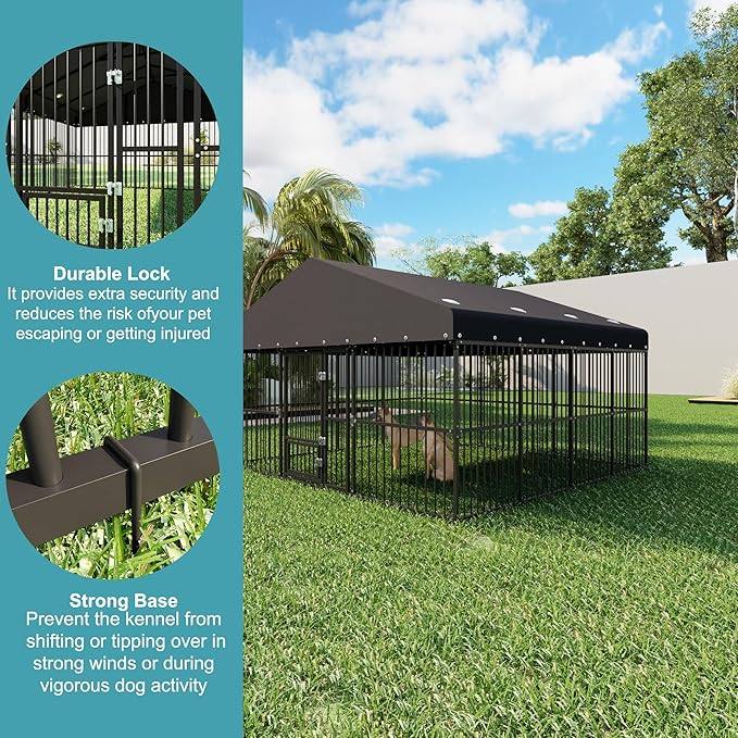 10x15x6 FT Dog Kennel, Outdoor Dog House with Roof All Weather Resistant Large Dog Enclosure Cage with Triple Locks, Heavy Duty Metal Dog Pens Outside (118" W x 179" D x 78" H)