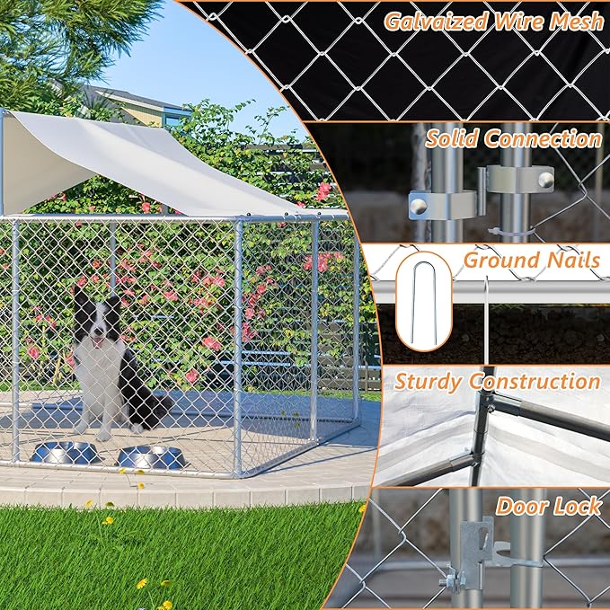 Outdoor Dog Enclosure Heavy Duty Dog Kennel House Mesh Outside Galvanized Chain Link Dog Run with Roof,Dog Cage Large Dogs Dog Pen Pet Kennel W/Waterproof Anti-UV Cover&Secure Lock for Large Dog