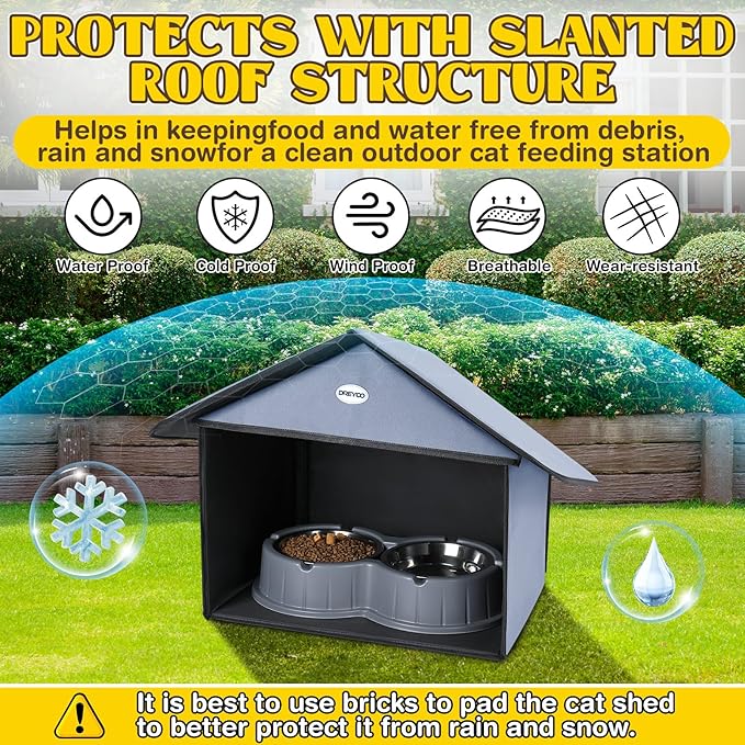 Dreyoo 1 Pack Outdoor Cat Feeding Station for Food & Water, Weatherproof Outdoor Kitty Dining Room Cat Shelter for Stray, Feral Cats and Community Cats, 13”d x 17”w x 15.5'h (Dusty Blue)