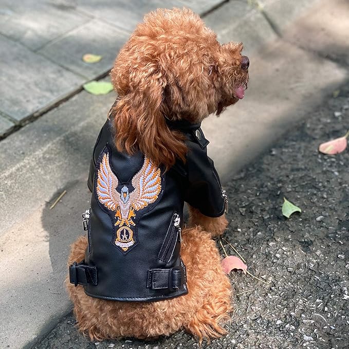 Lovelonglong Cool Dog Leather Jacket, Warm Coats Dogs Windproof Cold Weather Coats for Large Medium Small Dogs with Eagle Embroidery Black M