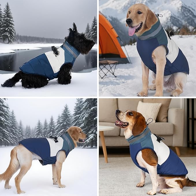 azuza Dog Jacket Waterproof Winter Coat for Small Dogs, Warm Fleece Vest with Reflective Strips & Built-in Harness, Windproof Back Zipper, Navy S