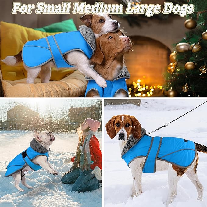 Dogcheer Dog Coat, Waterproof Dog Jacket Reflective Pet Winter Coat with Adjustable Hook & Loop, Christmas Puppy Fleece Jacket Warm Turtleneck Snowsuit for Small Medium Large Dogs - Sky Blue, XL