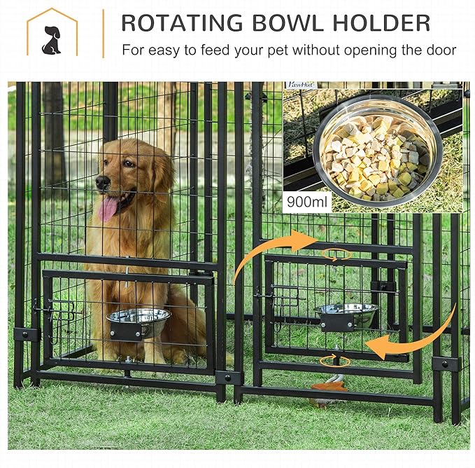PawHut 4.6' x 4.6' x 5' Outdoor Dog Kennel, Welded Wire Dog Kennel Outside Run with 360° Rotating Bowls, Waterproof & UV Resistant Cover, for S&M Breeds, Chickens, Ducks, Red
