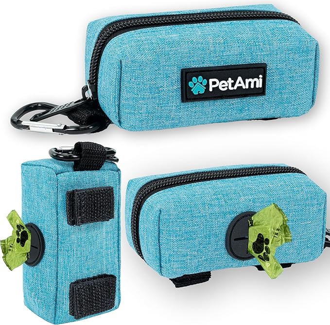 PetAmi Dog Poop Bag Holder for Leash Attachment, Doggie Zipper Pouch Soft Fabric Poop Bag Carrier, Dog Pet Waste Bag Dispenser with Carabiner Clip, 1 Roll of Dog Trash Bag (Blue, 1 Pack)