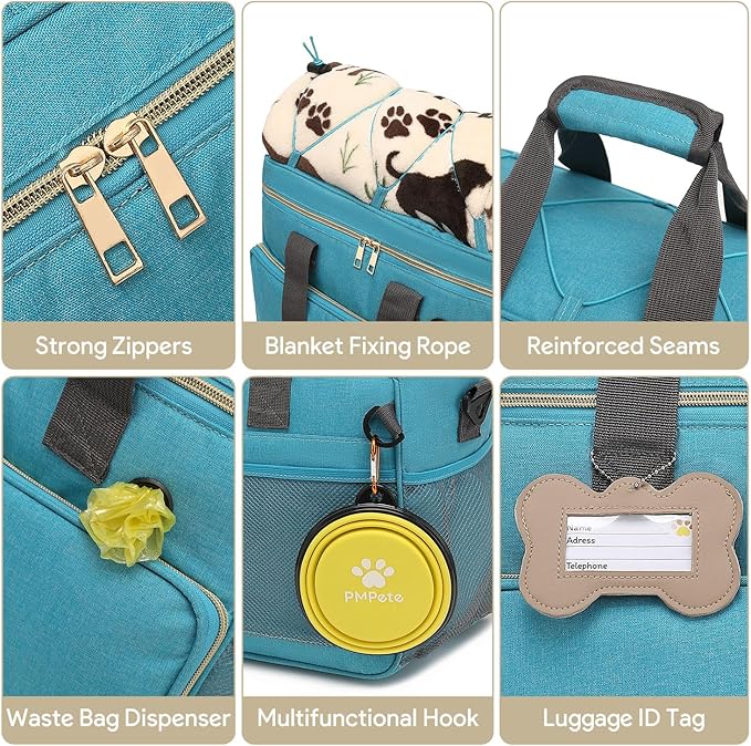 Dog Travel Bag for Traveling| Week Away/Overnight Dog Travel Accessories with Multi-Function Pockets|Pet Travel Set for Dog and Cat|Ideal Dog Diaper Bag and Dog Travel Kit(Sea Blue)