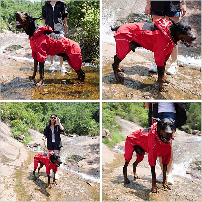 LOVELONGLONG Fleece-Lined Dog Raincoat with Removable Hood – Waterproof Winter Full Body Dog Jacket – Windproof Snowproof Cold-Weather Suit – Red-F L