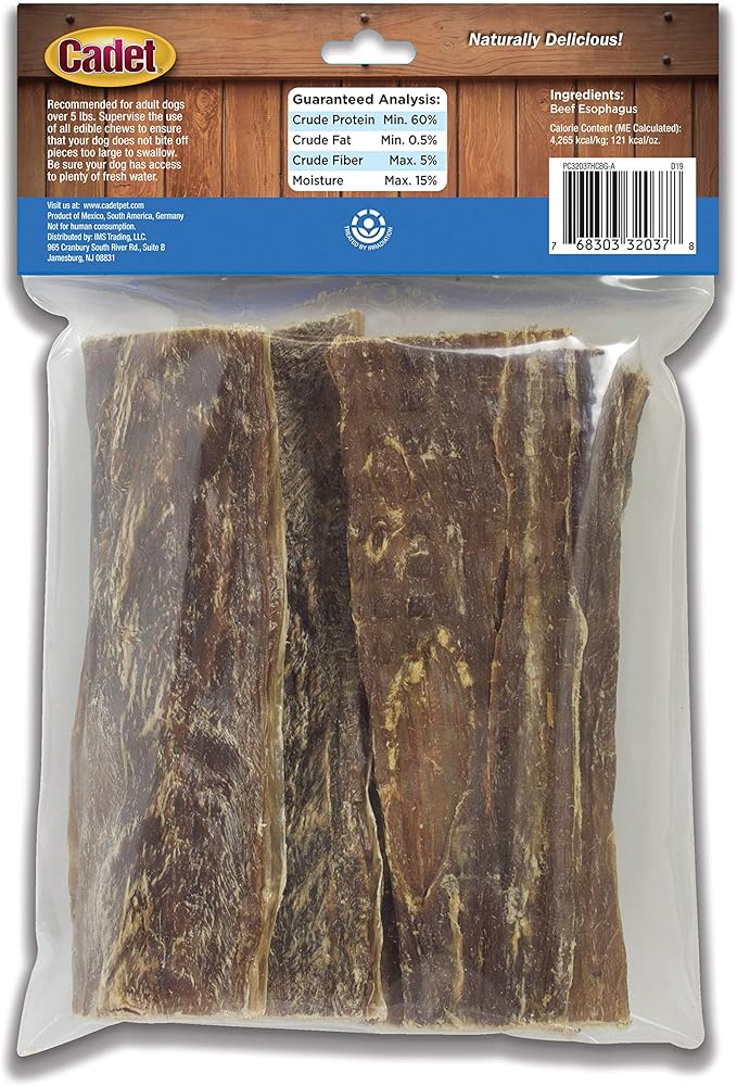 Cadet 100% Beef Strip Long Lasting Chews for Dogs, Single Ingredient Beef Esophagus Dog Treats, Natural High Protein Rawhide Alternative for Small & Large Dogs, 4 Ounce