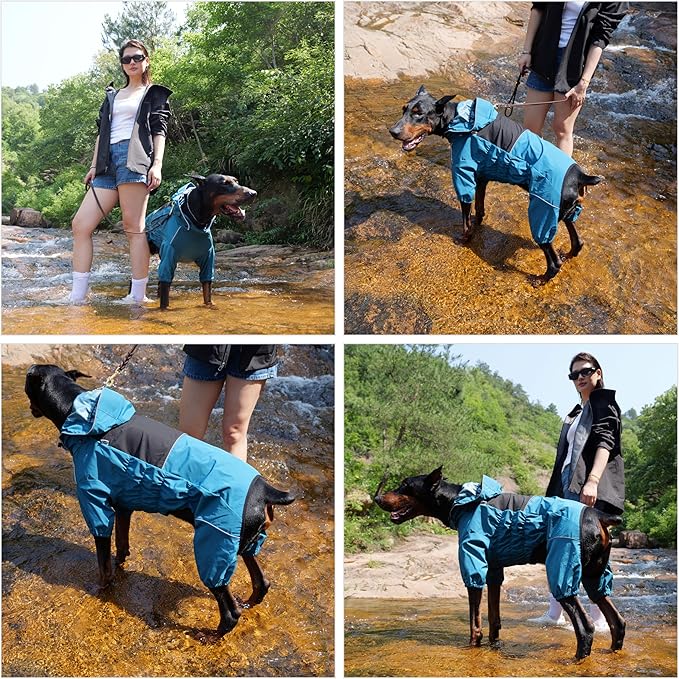 LOVELONGLONG Waterproof Dog Raincoat with Removable Hood – Outdoor Full Body Dog Jacket, Windproof Snowproof Shell Suit – All Season Pet Rain Gear Ocean Teal S+