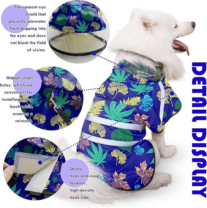 Dog Raincoat, Adjustable Rain Jacket with Hooded Double Layer for Large Medium Small Dogs Puppies, Lightweight Waterproof Rain Coat Poncho with Reflective Stripe Leaf Blue,S