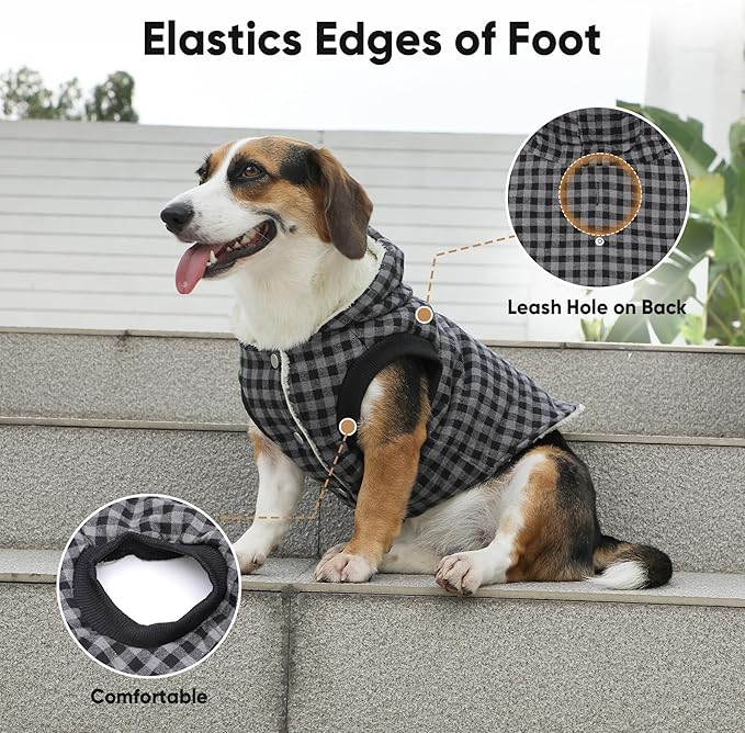 Fleece Lining Dog Hoodie for Large Dogs Extra Warm Plaid Sweater with Drawstring Hooded Coats in Winter Doggie Jacket,Black XXL