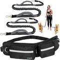 PetAmi Hands Free Dog Leash, Dog Running Leash Belt Bag for Walking, Jogging, Dog Waist Double Zipper Pouch with Poop Bag Dispenser, Dual Padded Handles Reflective Bungee Leash, Double (Black)