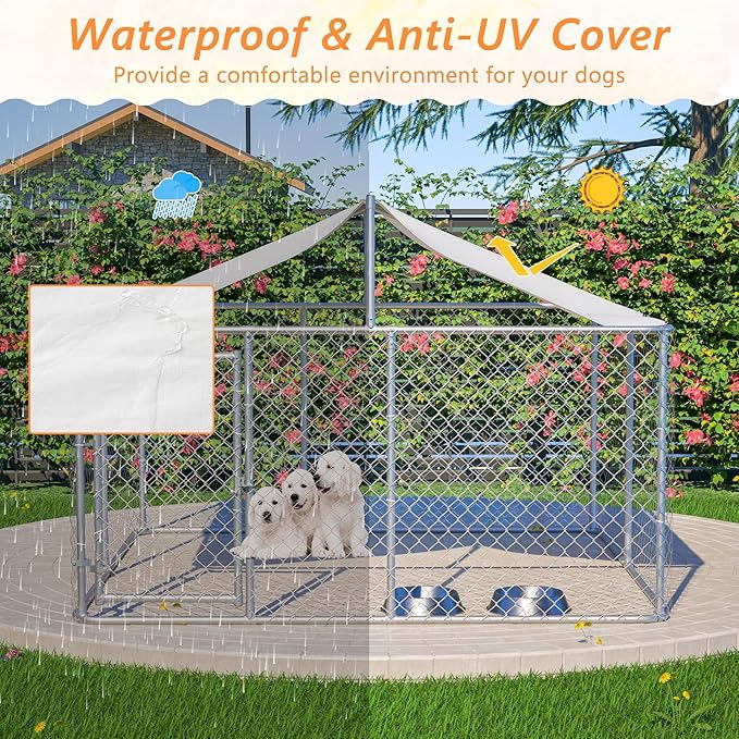 Outdoor Dog Enclosure Heavy Duty Dog Kennel House Mesh Outside Galvanized Chain Link Dog Run with Roof,Dog Cage Large Dogs Dog Pen Pet Kennel W/Waterproof Anti-UV Cover&Secure Lock for Large Dog