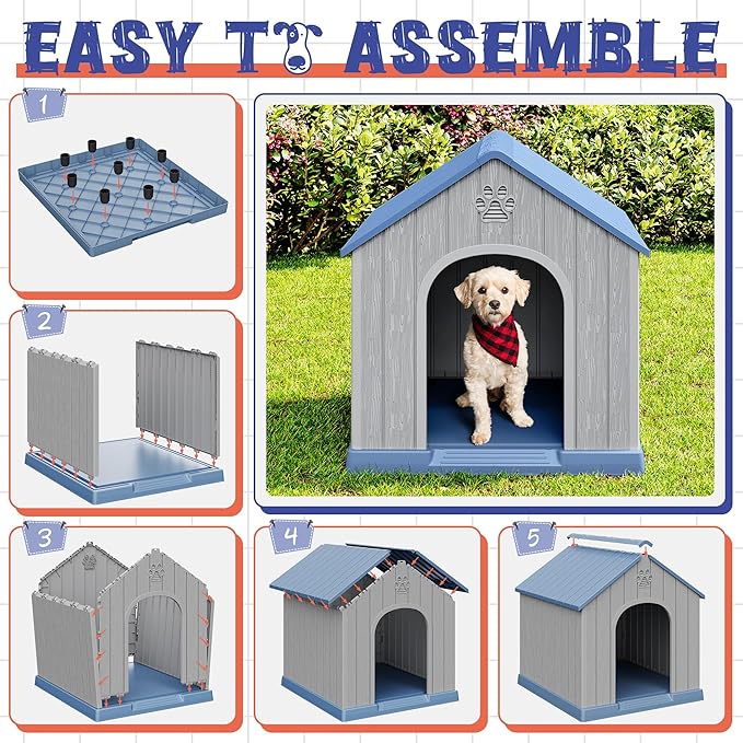 Dog House Outdoor Indoor, Plastic Small Dog House-Weatherproof & Insulated Design with Air Vents & Elevated Floor for Small to Medium Dogs, Easy Clean and Assemble (Blue)
