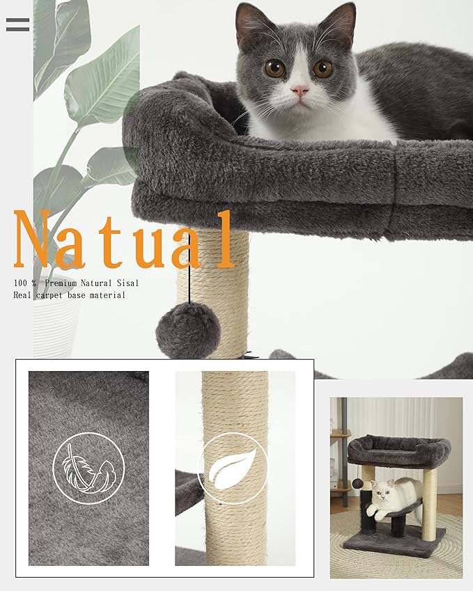 Hoopet 20-Inch Cat Tree Tower, Small Cat Scratching Post for Indoor Cats and Kittens, Sisal Cat Scratcher with Plush Bed Perch, Self Groomer and Hanging Toy Ball, Smoky Grey
