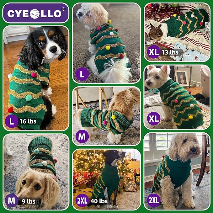 cyeollo Dog Sweater Dog Christmas Sweaters Glitter Pullover Turtleneck with Leash Hole Holiday Puppy Clothes for Small Dogs Cats