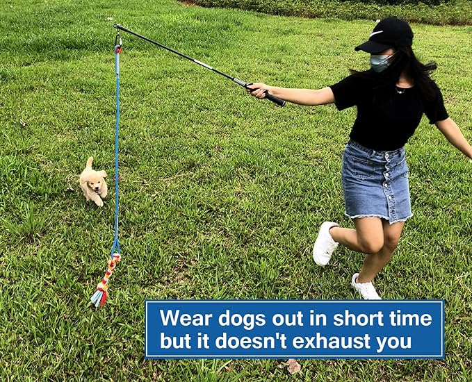 Interactive Flirt Pole Toy for Dogs Chase and Tug of War,Durable Teaser Wand with Pet Fleece Rope Tether Lure Toy to Outdoor Exercise & Training for Small Medium Large Dogs (Blue/Red, POLE-35 inches)