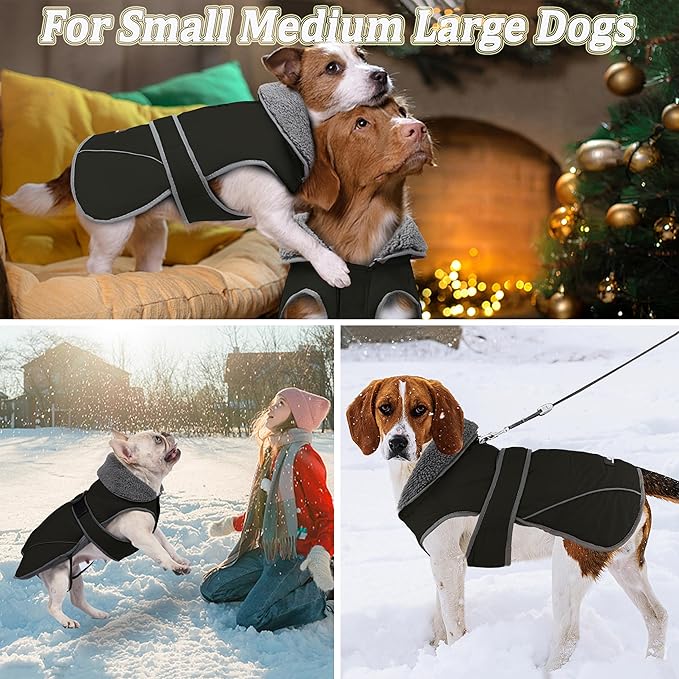 Dogcheer Dog Coat, Waterproof Dog Jacket Reflective Pet Winter Coat with Adjustable Hook & Loop, Christmas Puppy Fleece Jacket Warm Turtleneck Snowsuit for Small Medium Large Dogs - Black, S