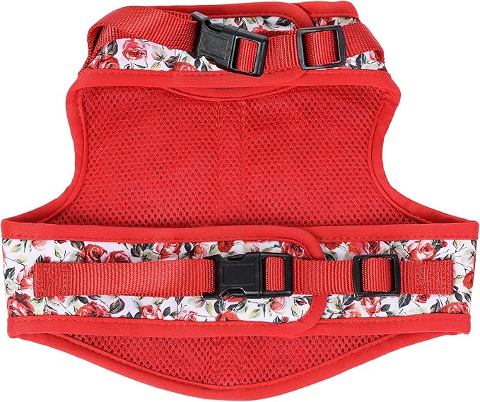 Mile High Life Dog Harness, Air Mesh Floral Vest Harness for 20 lbs Small Dogs & Cats, Easy Get on Adjustable Easy Closures Both Neck and Chest(Red Rose, M Chest 18"-20")
