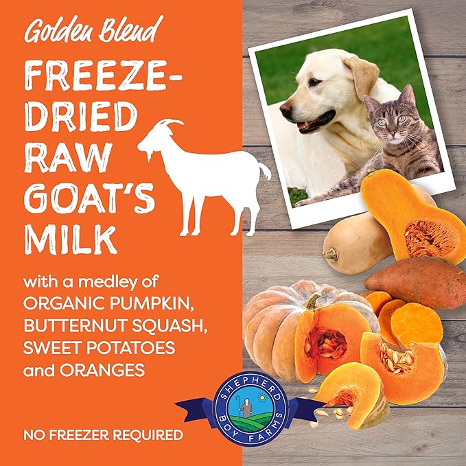 Shepherd Boy Farms Freeze Dried Raw Goats Milk with Probiotics for Dogs & Cats (Golden Blend), Organic USA Veggies & Fruits, High Protein, Digestible Goat Milk Powder, Food Toppers - Makes 16 FL OZ