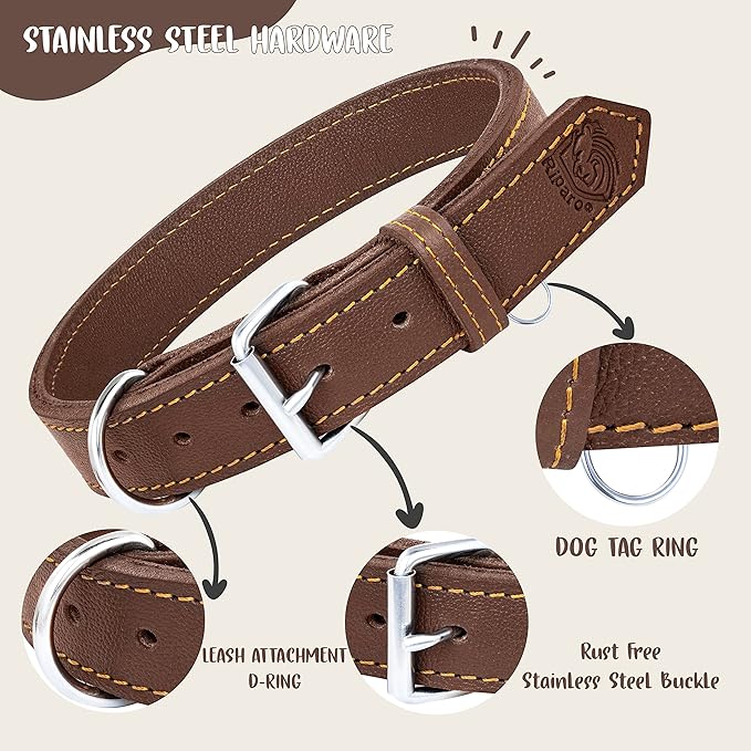 Riparo Dog Collar - Genuine Leather Dog Collars - Heavy Duty Dog Collar for Medium Large and Extra Large Dog Breeds (XL: 1.5” Wide for 22” - 26” Neck, Brown)