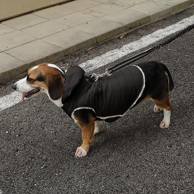 Fleece Lining Dog Hoodie with Harness Built in,Extra Warm Medium Dog Jacket in Winter Doggie Coats with Drawstring Hooded,Black L