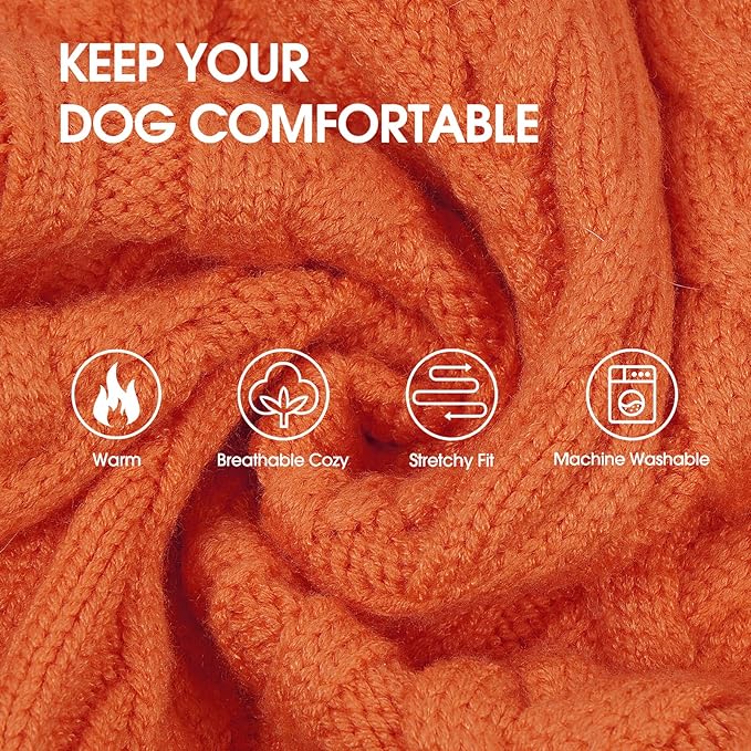 IECOii Girl Dog Sweater Dress - Cable Knit Dog Sweater for Small Dogs Girl - Orange, Medium, Turtleneck Pullover Sweaters with Tartan Plaid Skirt, Adorable Warm Dog Knitted Dress for Christmas