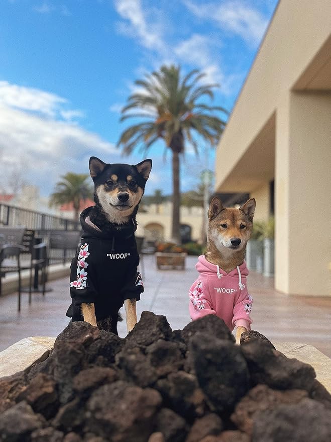 ChoChoCho Woof Dog Hoodie, Designer Dog Hoodies for Small Medium Large Breeds, Art Collection Dog Sweatshirts, Street Drawstring Hoodies Outfit Clothes for Puppy Puppies (5XL, Sakura/Black)