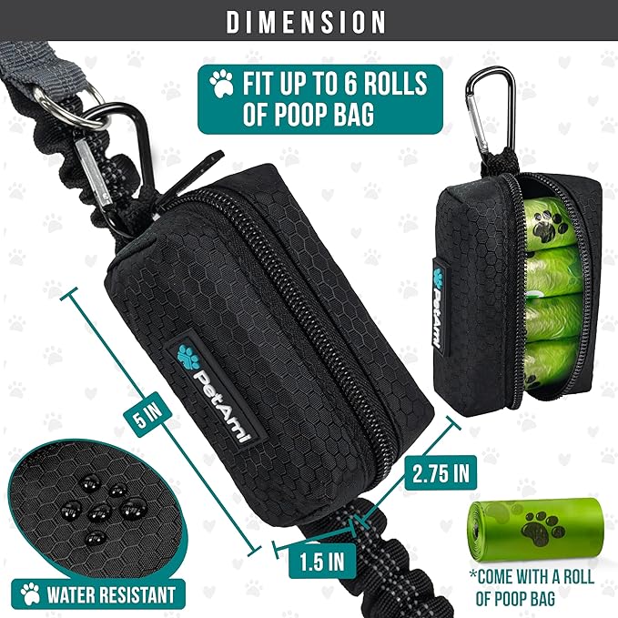 PetAmi Dog Poop Bag Holder for Leash Attachment, Doggie Zipper Pouch Soft Fabric Poop Bag Carrier, Dog Pet Waste Bag Dispenser with Carabiner Clip, 1 Roll of Dog Trash Bag (Black/Gray, 2 Pack)