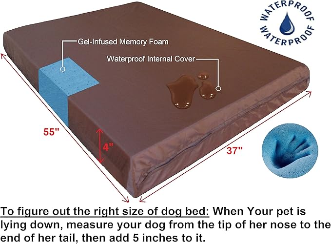Dogbed4less Orthopedic Gel Infused Cooling Memory Foam Dog Bed for Large Dog, Waterproof Liner and Durable Pet Bed Cover, XXL 55X37X4 Inch, Micro-Suede in Espresso