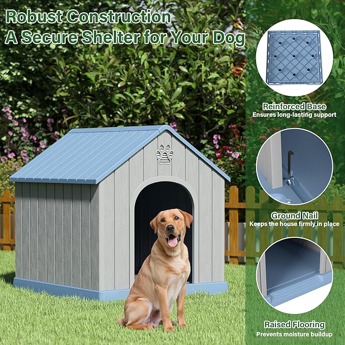 Large Dog House for Outdoor & Indoor, Waterproof Puppy Shelter with Air Vents & Elevated Floor, Easy Assemble Sturdy Dog Kennel for Large Dogs(Blue,36.2''L×38''W×38''H)