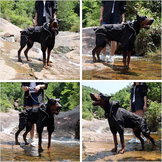 LOVELONGLONG Fleece-Lined Dog Raincoat with Removable Hood – Waterproof Winter Full Body Dog Jacket – Windproof Snowproof Cold-Weather Suit – Black-F S+
