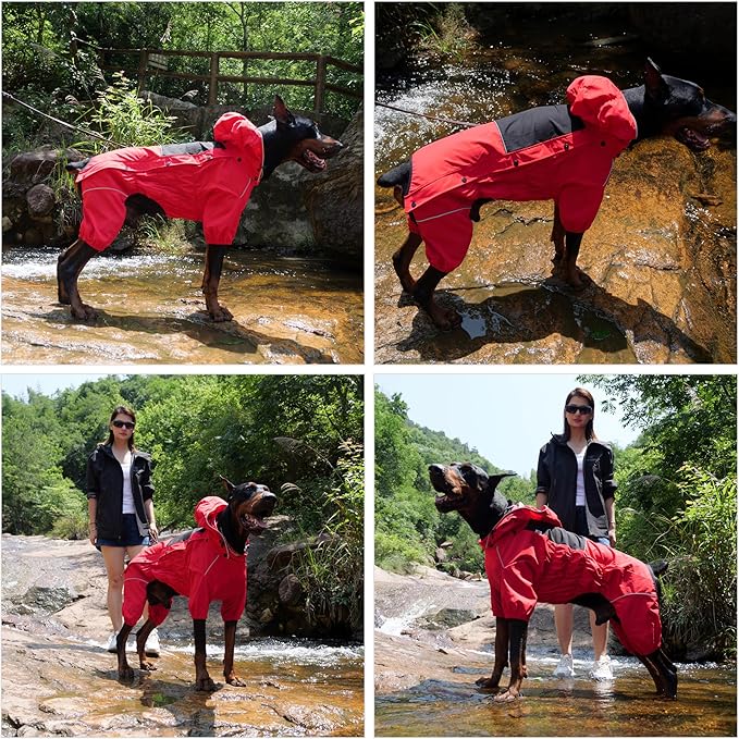 LOVELONGLONG Waterproof Dog Raincoat with Removable Hood – Outdoor Full Body Dog Jacket, Windproof Snowproof Shell Suit – All Season Pet Rain Gear Red XL