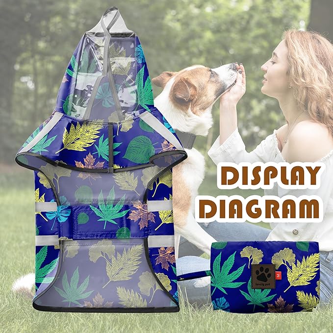 Dog Raincoat, Adjustable Rain Jacket with Hooded Double Layer for Large Medium Small Dogs Puppies, Lightweight Waterproof Rain Coat Poncho with Reflective Stripe Leaf Blue,S