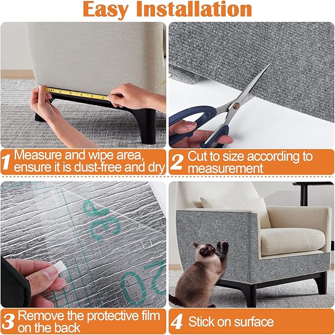 Cat Scratch Furniture Protector - 100" x 17" Trimmable Self-Adhesive Cats Claws Scratch Pads, DIY Cat Climbing Couch Protector for Scratch Post Cat Tree Replacement Indoor (Light Gray)