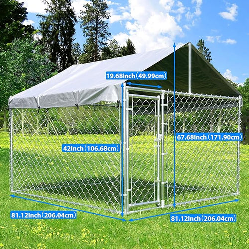 6.8x6.8ft Large Dog Kennel Outdoor, Heavy-Duty Outside Dog Kennel with Roof, Security Latch-Lock Door, Chain-Link Dog Enclosure Dog Run for Yard with Cover