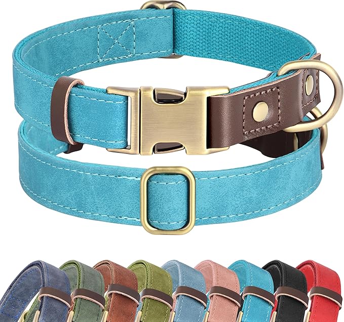 Didog Soft PU Leather Dog Collars for Medium Dogs,Classic Adjustable Dog Collars with Quick Release Metal Buckle,Easy Clean and Comfortable with Nylon Lining,Light Blue,M Neck 13-19"