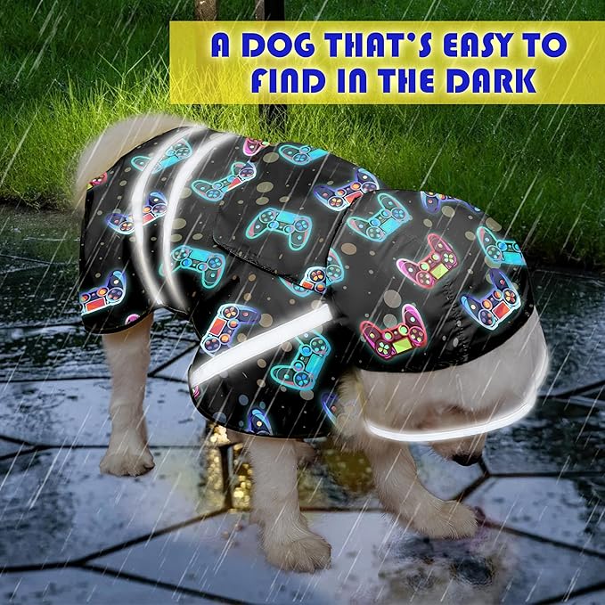 Dog Raincoat, Adjustable Rain Jacket with Hooded Double Layer for Large Medium Small Dogs Puppies, Lightweight Waterproof Rain Coat Poncho with Reflective Stripe Game Controller Black,L