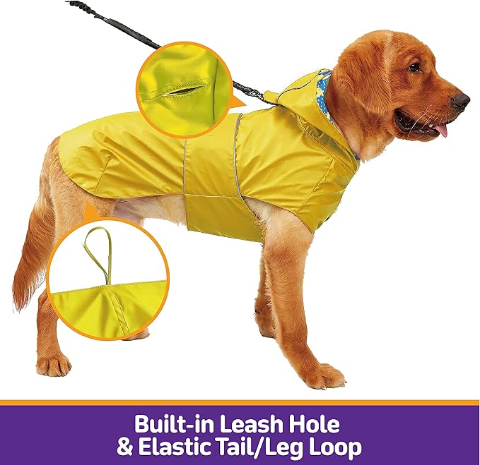 Dog Raincoat Reversible, Single Side Slicker Poncho Adjustable Waterproof Dog Rain Jacket with Leash Hole/Reflective Stripe Hooded Snowproof Windproof Clothes for Small to 3X-Large Dogs, 2XL