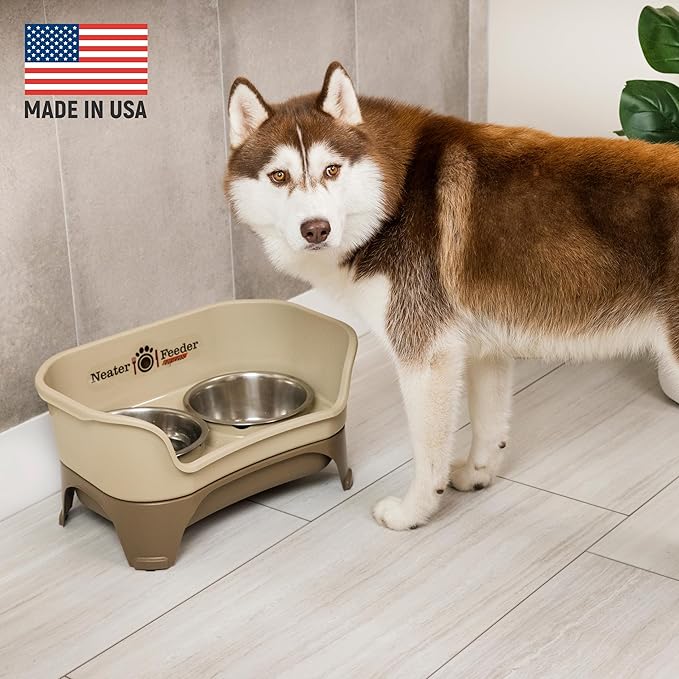 Neater Feeder - Express Model w/Slow Feed Bowl - Mess-Proof Dog Bowls (M/L, Cappuccino) Made in USA –Elevated, No Spill, Non-Tip, Non-Slip, Raised Stainless Steel Food/Water Pet Bowls Aid Digestion