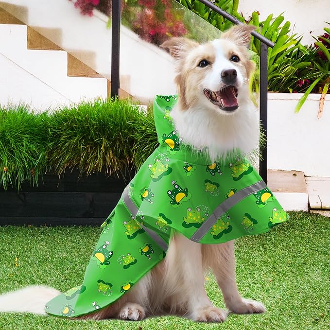NACOCO Large Dog Raincoat Adjustable - Pet Frog Water Proof Clothes Lightweight Rain Jacket Poncho Hoodies with Strip Reflective Green (XL, Green Frog)
