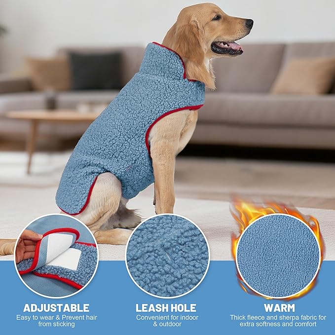 cyeollo Dog Coat Reversible Dog Jacket Winter Sherpa Dogs Sweater Clothes for Cold Weather Fleece Warm Pet Coats for Medium Dogs, Blue 2XL