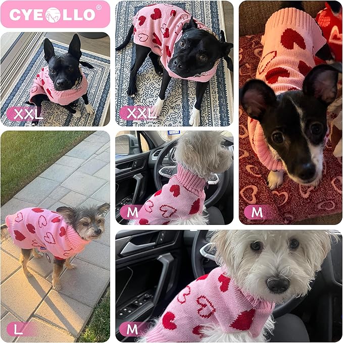 cyeollo Dog Sweater Pullover Turtleneck Heart Pattern Holiday Theme Dog Clothes with Leash Hole Female Pet Apparel for Small Dogs Pink