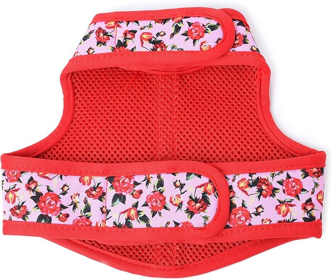 Mile High Life Velcro Dog Harness, Air Mesh Floral Vest Harness for 20 lbs Small Dogs & Cats, Easy Get on Adjustable Easy Closures Both Neck and Chest(Peony Rose, XS Chest 14"-16")